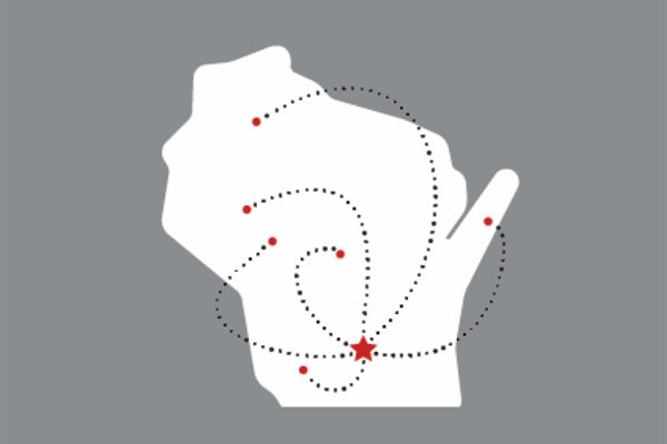 Image of WI with lines drawn from Madison to other areas of Wisconsin