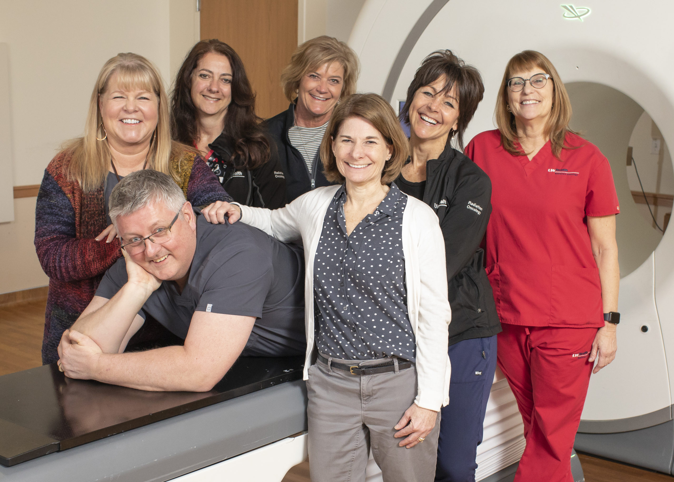 UW Health Radiation Therapists Dan Steinhoff, Lori Schmitz, Lisa Rindy, Theresa Breunig, Mary Fink, Cathy McMahon and Melodie Corcoran