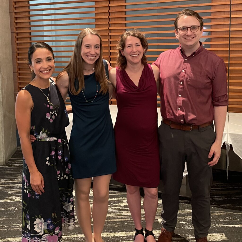 photo of 2022 graduating residents (left to right) radiation oncology physics residents Lianna DiMaso-Myers and Jennie Crosby and radiation oncology residents Grace Blitzer and Nicholas Rydzewski.