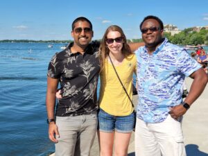 Vimal Desai, Jennie Crosby, and Leonard Che Fru at the lakefront