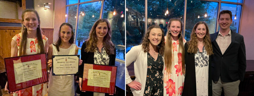 Two images. Left: Graduates Christina, Emily, and Lindsay. Right: Physics Residents Autumn, Christina, Lindsay, and Steve