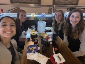 Lianna Di Maso, Jennie Crosby, Christina Breeze, and Lindsay Bodart having sushi