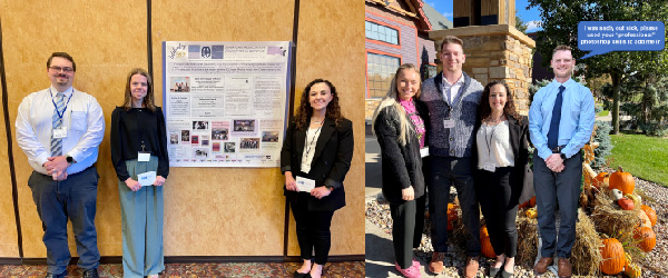 Two images: left image Autumn with her poster and two other attendees. right: Carolyn, Steve, Autumn, and Eric in front of pumpkins